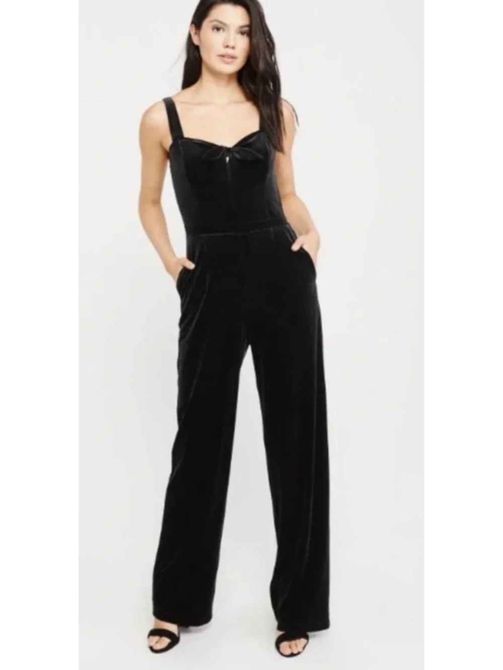 ABERCROMBIE AND FITCH Velvet Jumpsuit Bow Black XS NWOT NEW Holiday Wide Leg